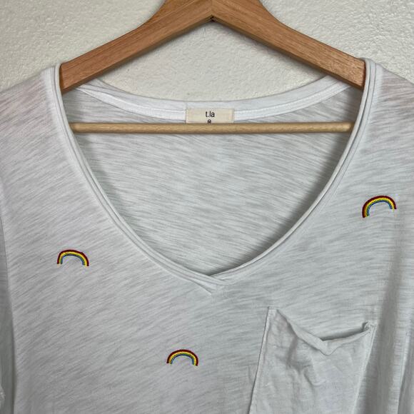 Anthropologie T.La The Lars Classic V-Neck Tee Medium White Rainbow Embroidery - Picture 3 of 7